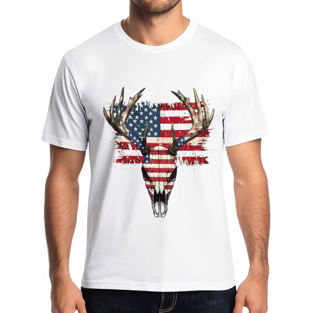 Camisetas de manga corta con calavera de ciervo abstracta para hombre, camisetas de cuello redondo con temática de bandera estadounidense para hombre.
