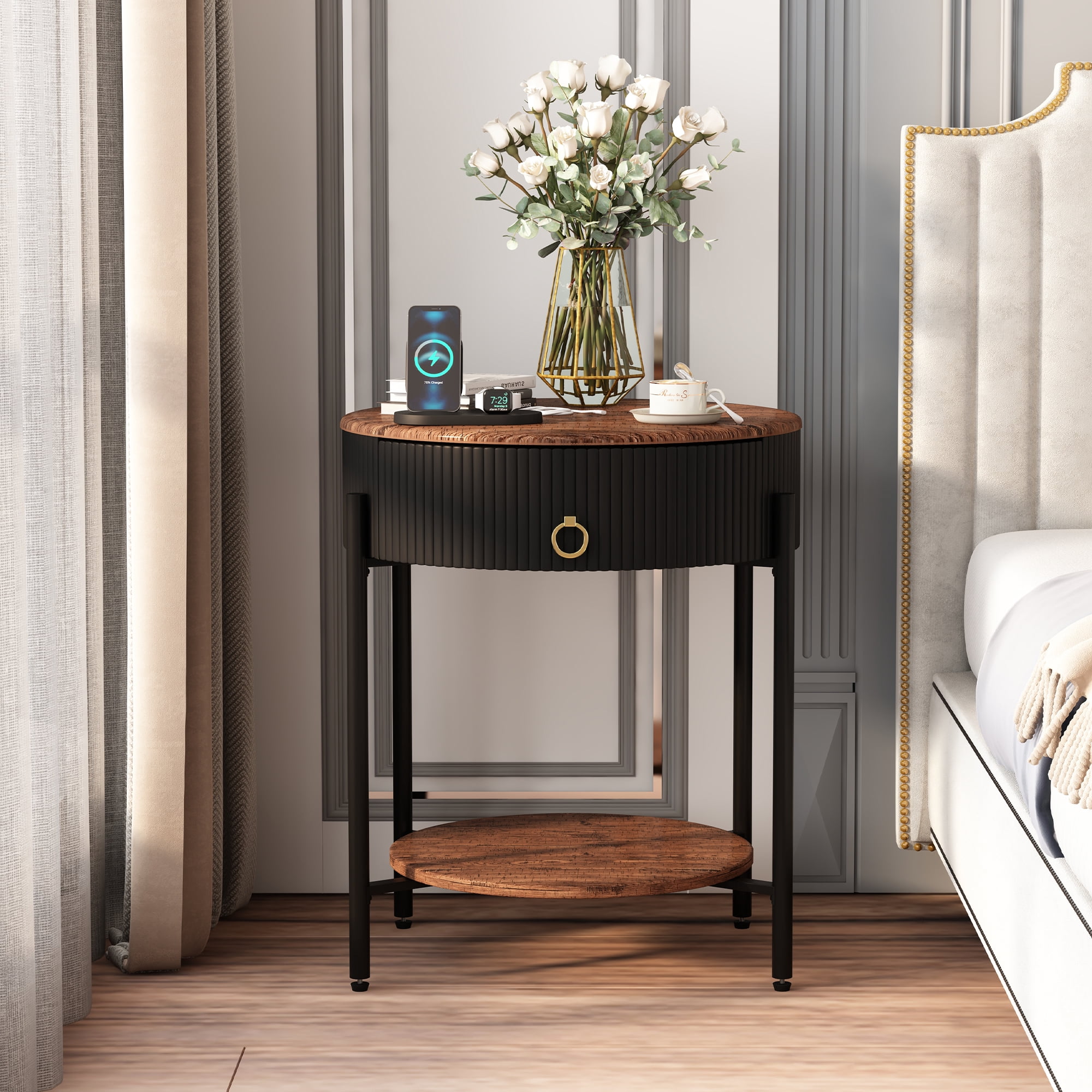 ASYA Black Metal End Table with Drawer, 2-Tier Wooden Nightstand, Round Side Table for Living Room Bedroom, 23.6'' H