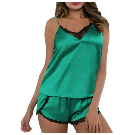

KaLI_store Women Sleepwear Womens Pajamas Set Lingerie Sleepwear Lace Cami Shorts Set 2 Piece Nightwear Green L