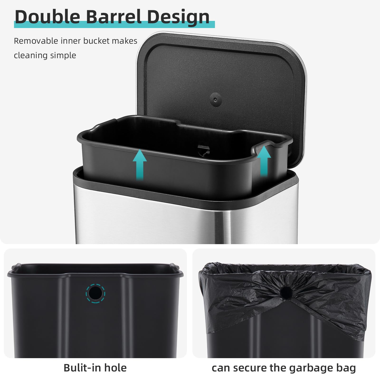 TROPOW Bathroom Trash Can, 5.3 Gallon / 20 Liter Stainless Steel Garbage Can, Small Rectangular Trash Can with Soft Close Lid Foot Pedal & Inner Bucket for Kitchen Home Office Bedroom Living Room