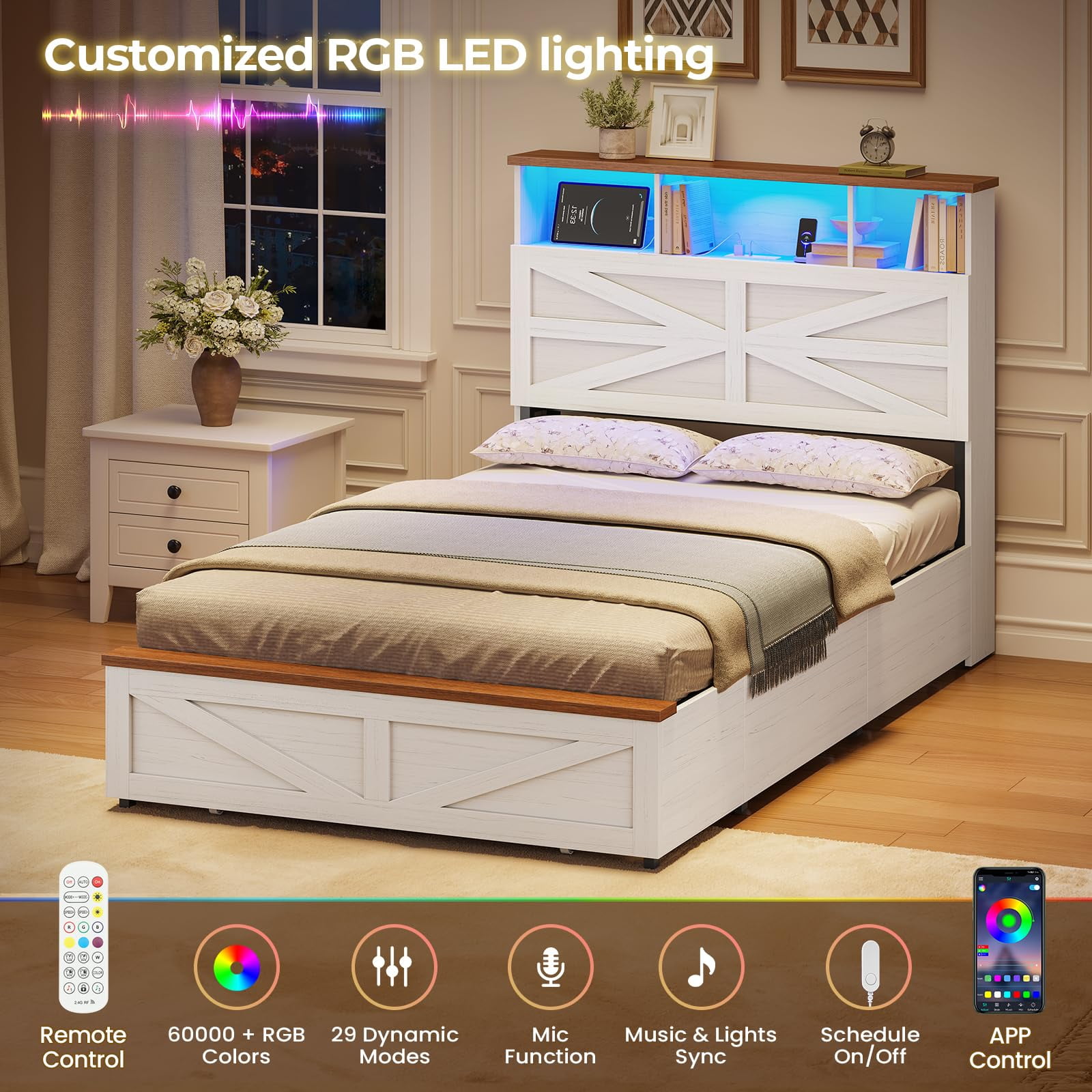 Twin Bed Frames with 5 Drawers, Farmhouse Bed Frame with Barn Door Headboard and Storage, Wood Platform Bed Frame Twin Size with Charging Station and LED Lights, No Box Spring Needed, White