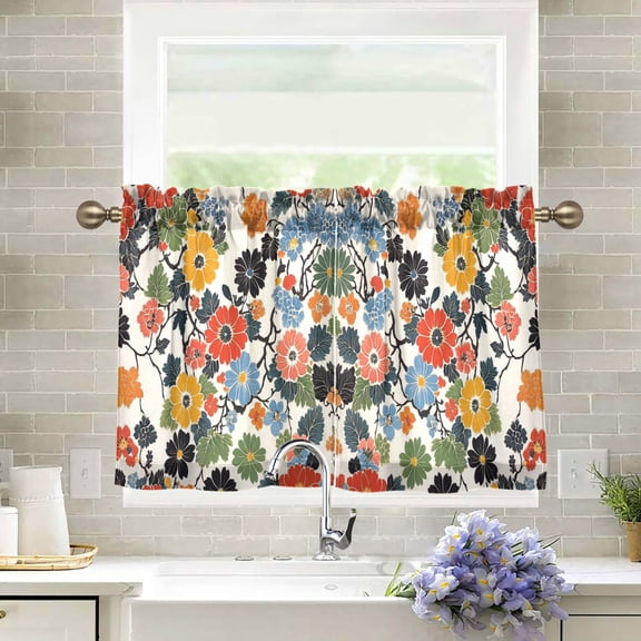 Yayeee Kitchen Curtains Tier Pair Light Filtering 27"x24" Rod Pocket Short Cafe Window Panel, Black Flowers Pattern