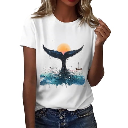 NAMTYQX Tops for Women Trendy Summer Short Sleeve Breathable Oversized Trending Printed Baggys Print Crewneck Stretch T Shirts for Women Black Size 2XL