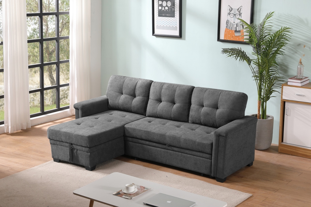 Fabric Reversible Sleeper Couch Sectional Sofa with 2 USB Ports and ...