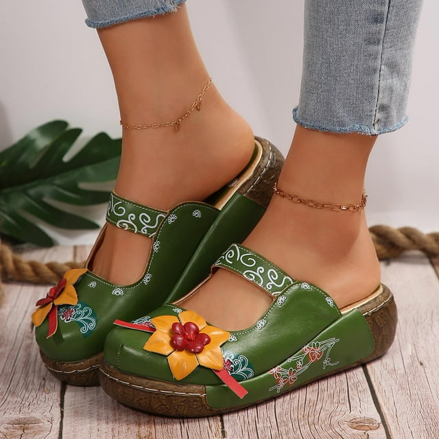 Latrodar Tongs pour Femmes Sandales pour Femmes Sandales à Enfiler Sandales à Plateforme Sandales Rétro Confort Extensible Sandales de Plage Chaussures à Enfiler Sandales à Imprimé Floral Moyen pour Femme Sortie