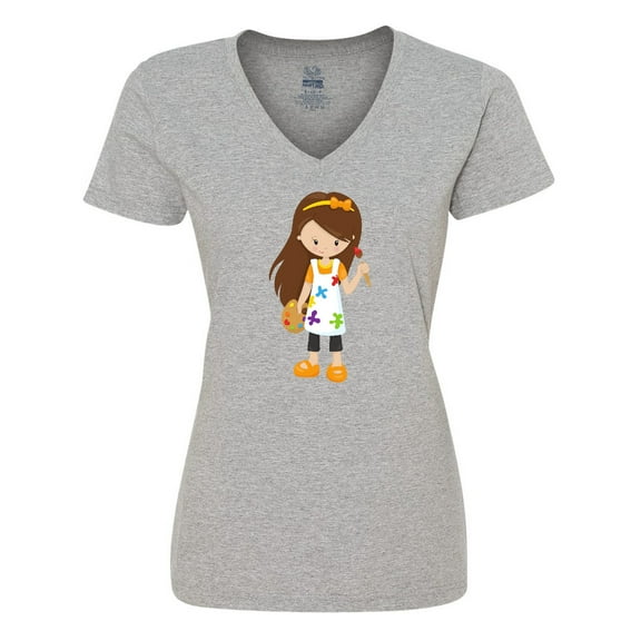 Inktastic Cute Girl, Brown Hair, Painter, Paint Artist Women's V-Neck T-Shirt