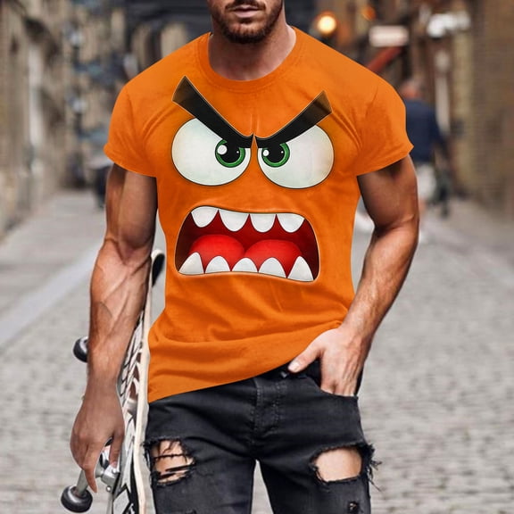 VgaVtl Tee Shirts for Men Summer Funny Short Sleeve Mens Tops Graphic Running Orange Casual Vacation Regular Tops