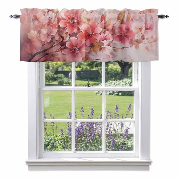 Flower Painted, Abstract Blush Pink Watercolor Kitchen Curtain Valances for Windows Farmhouse Short Curtains, Rod Pocket Valance Curtain for Bedroom Cafe Living Room