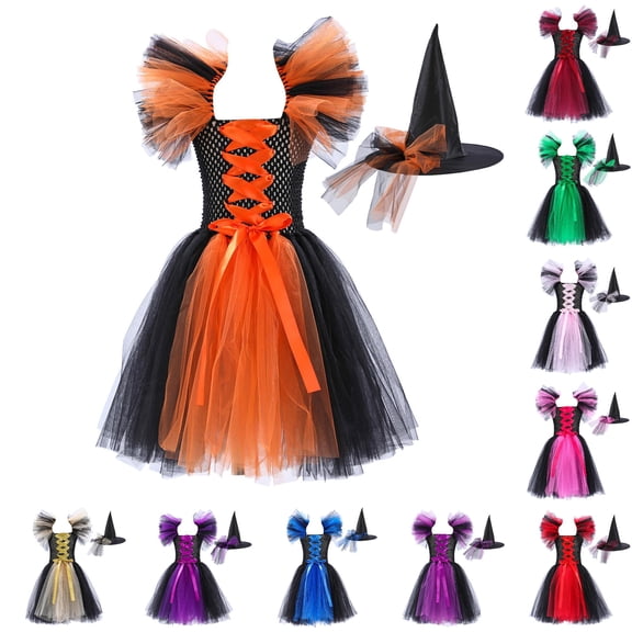 HNMKIU Halloween for Girls Toddler Kids Baby Girls Magnificent Witch Halloween Black Gown With Hat Fancy Tutu Dress Up Cosplay Party Dresses G - 8