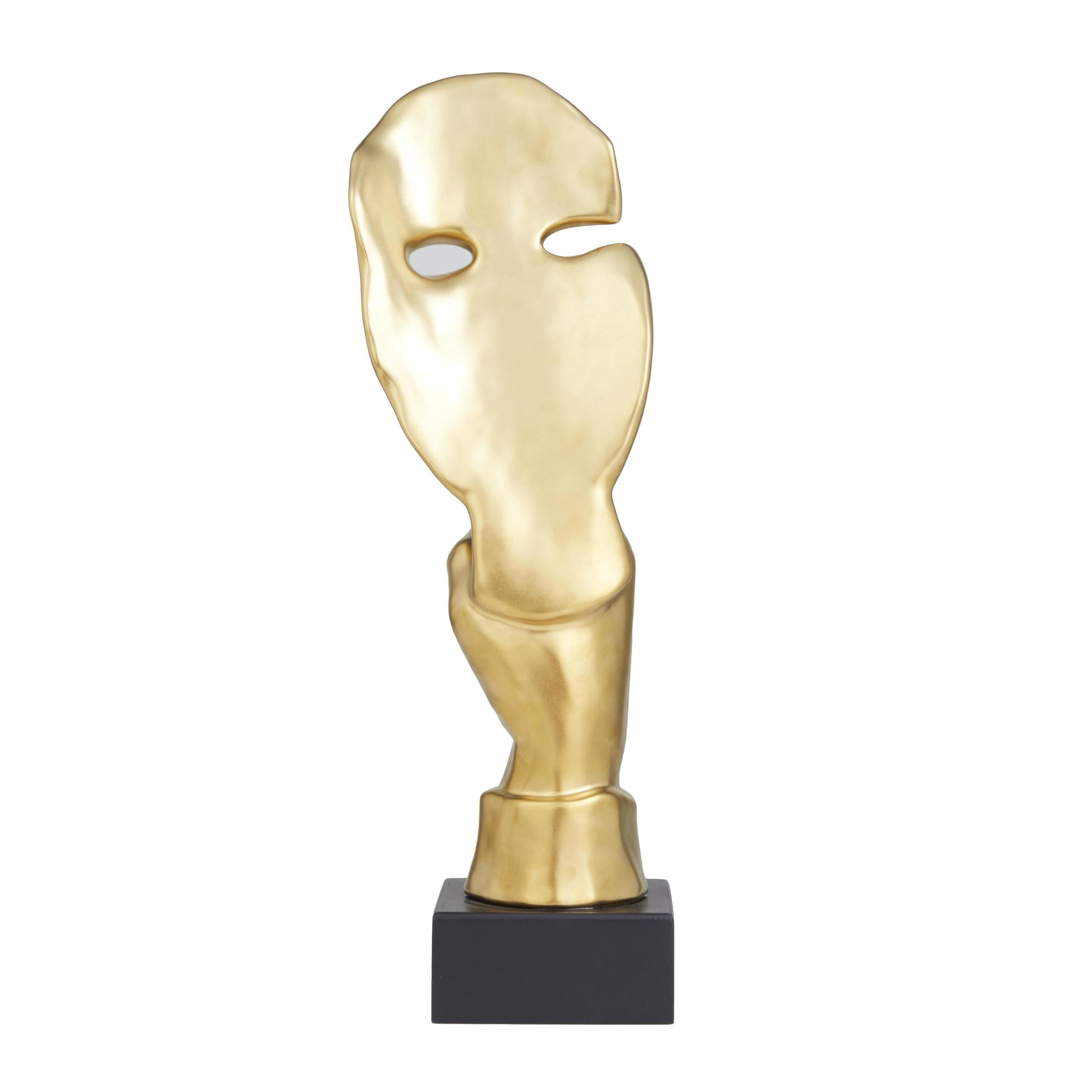 6" x 17" Gold Porcelain Ceramic Quiet Gesture Mask Sculpture, by DecMode