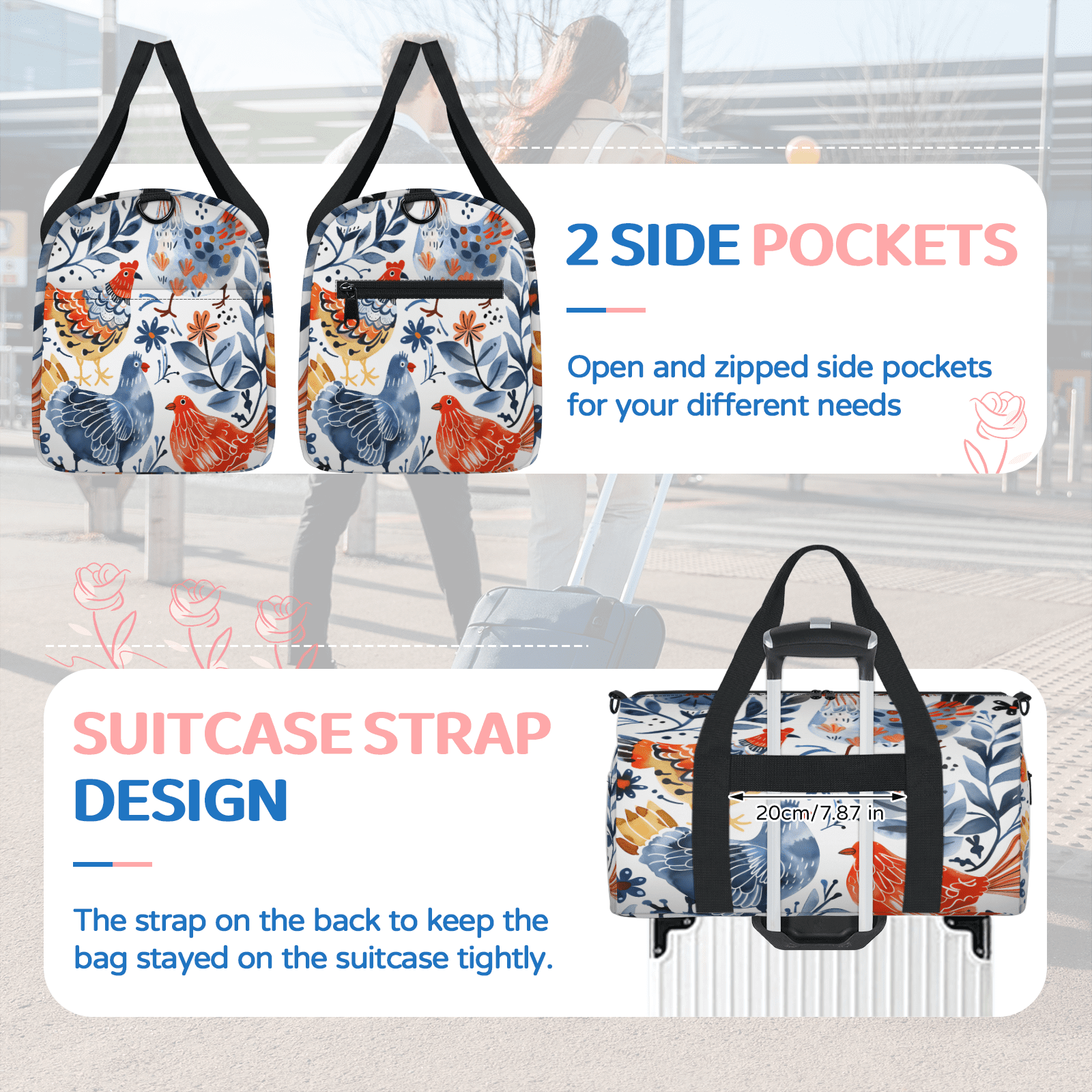 Herdesigns Cute Chicken Gym Bag for Women, Duffle Bag for Travel Sport, Lightweight Waterproof Carry on Weekender Overnight Dance Yoga Workout Bags