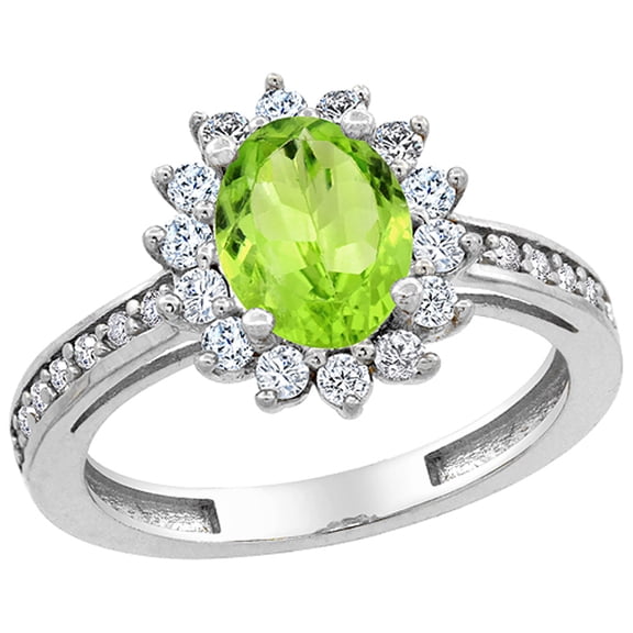 10K White Gold Natural Peridot Floral Halo Ring Oval 8x6mm Diamond Accents, size 8.5