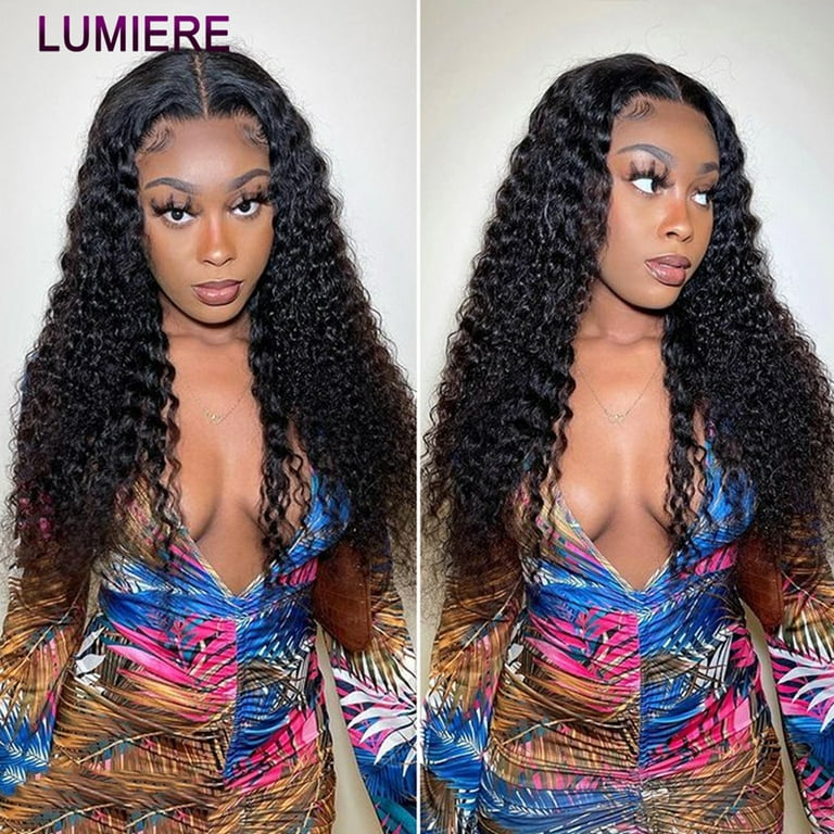 Lumiere Brazilian Water Wave Lace Front Human Hair Wigs 13×4 Lace Front Wig  Cap 180% Natural Black 12 