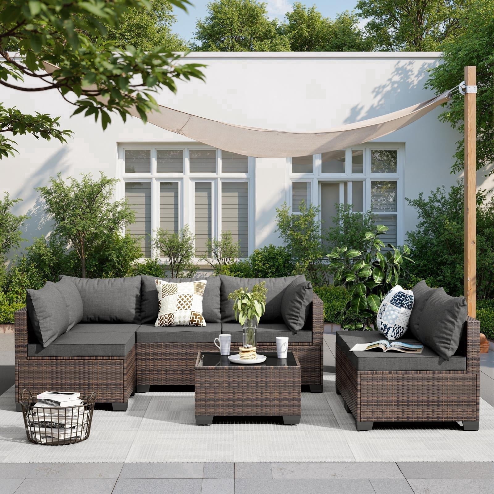 JORVIMAX 7 Piece Patio Furniture Set Outdoor Conversation Sets All-Weather Brown Rattan Wicker Patio Sectional Sofa with Cushions Dark Gray