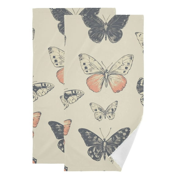 Beige Vintage Butterfly Hand Towel Absorbent Bath Towels for Bathroom Sports Gym(28.3" X 14.4") Set of 2