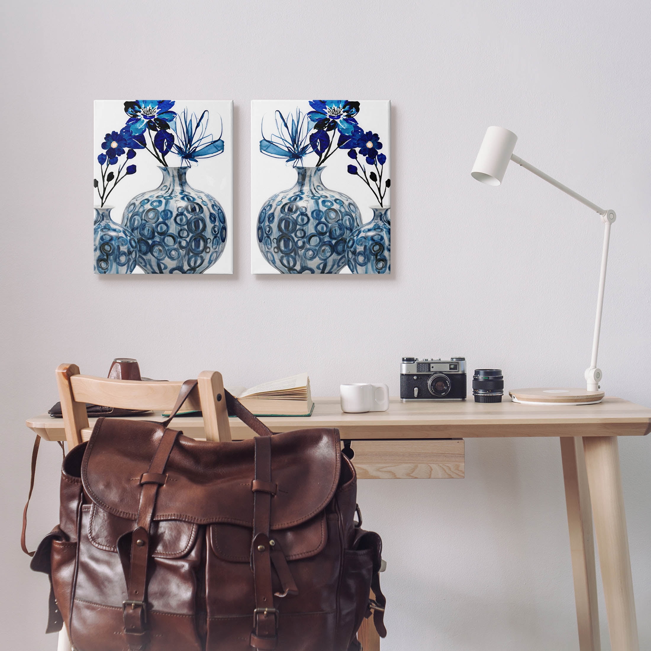 Bold Blue Ikebana Patterned Vase Botanical & Floral Graphic Art Gallery Wrapped Canvas Print Wall Art, Set of 2