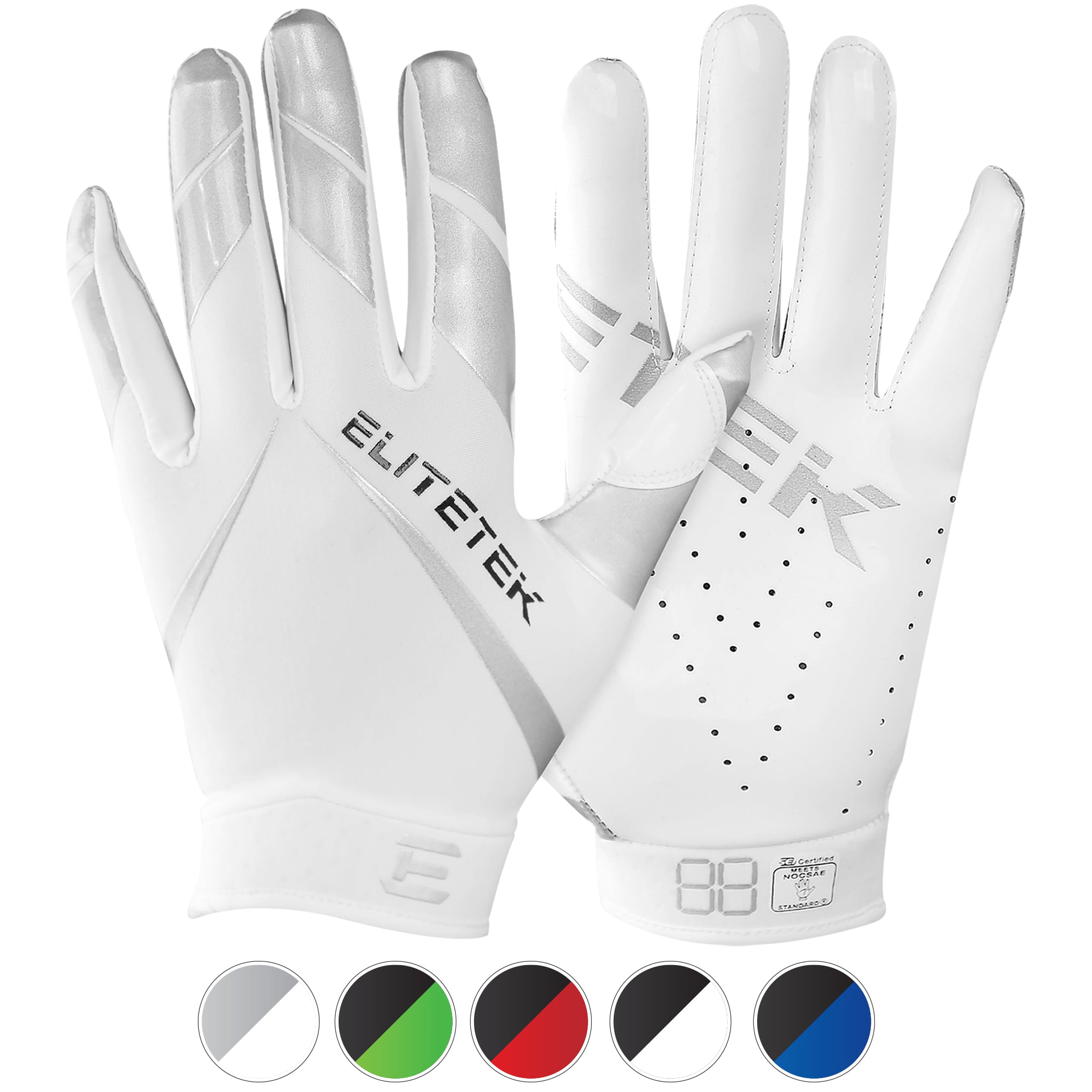 EliteTek RG-14 Football Gloves Youth and Adult (White/Silver, Youth XS)