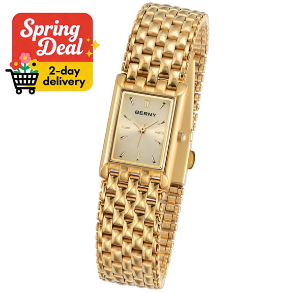 BERNY Small Gold Watches for Women, Women's Gold Tone Rectangular Quartz Watch, Stainless Steel Band, 3ATM Water Resistant, Classic Dress Wristwatch for Ladies (Gold)