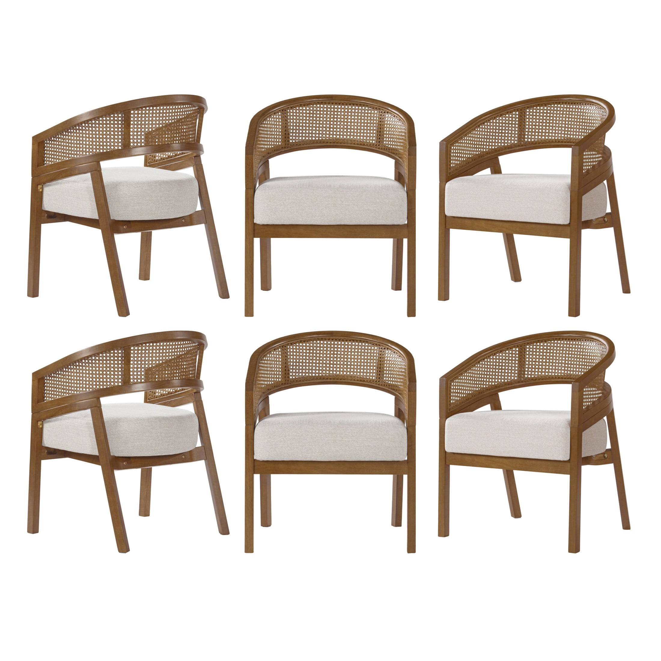 Christopher Knight Home Mid-Century Dining Chairs, Upholstered Seats, Rattan Cane Back, Walnut, Set of 6