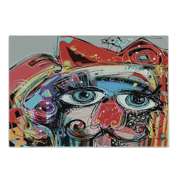 Art Cutting Board, Grafitti Sketchy Style Colorful Painting Human Like Face Dog Animal Image Print, Decorative Tempered Glass Cutting and Serving Board, Small Size, Multicolor, by Ambesonne