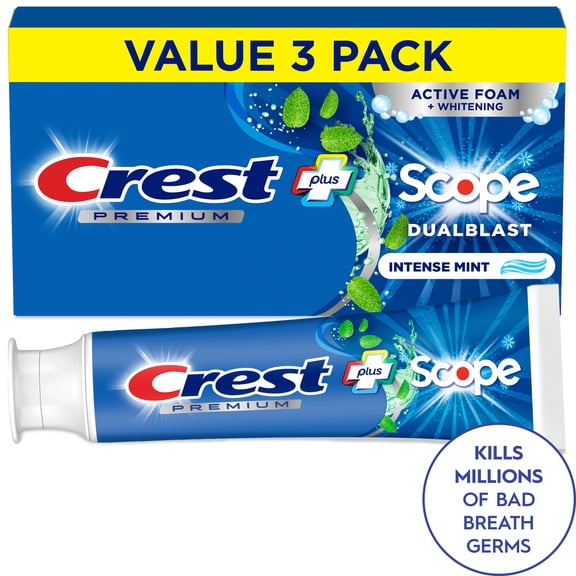 Crest Toothpaste, Premium Plus Scope Dual Blast Toothpaste, Mint, 5.2 oz, 3 Pack