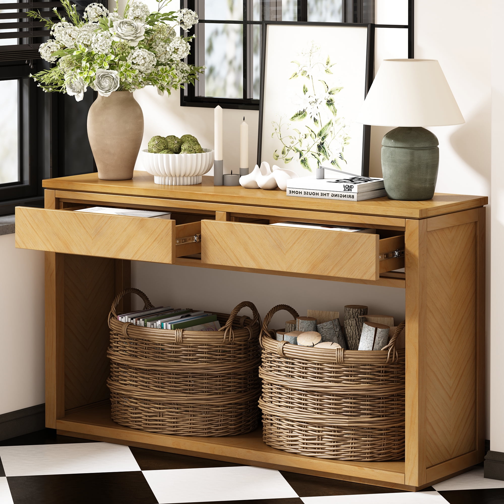 EUROCO 55" Long Console Table with 2 Drawers,Wooden Entryway Table with Open Storage Shelf, Sofa Table Behind Couch Foyer Tables for Living Room Hallway Entrance,Natural