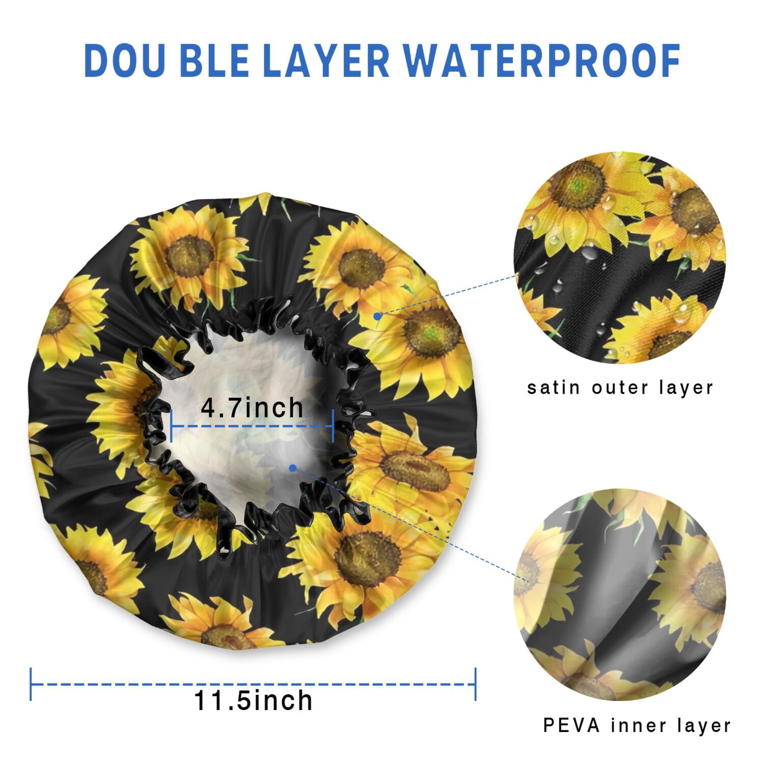 Shower Caps,Black Sunflower Green Leaf Pattern Waterproof Shower Cap for Women 4 Pieces,Double Reusable Hair Cover for Shower PEVA Elastic Stretch Hem