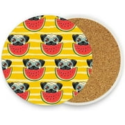 visesunny Funny Pug Dog in Sunglasses Watermelon Drink Coaster Moisture Absorbing Stone Coasters with Cork Base for Tabletop Protection Prevent Furniture Damage, 2 Pieces