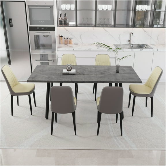 JERFIT Expandable Dining Table Set for 6 with PU Chairs, Modern Kitchen Table Set with Extension Leaf, Beige Grey Rectangular Diner Set with Black Metal Legs