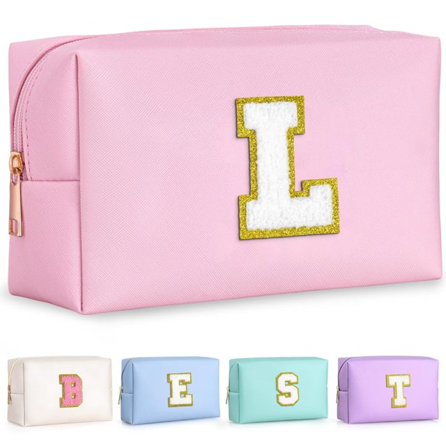 Bolsa de maquillaje de viaje TOPEAST con parche de chenilla y purpurina rosa preppy, 21 x 8,9 x 12,4 cm
