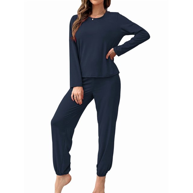Conjunto de Pijama de 2 Piezas para Mujer, Camiseta y Pantalón Lisos, Suave y Elástico. Azul Marino S