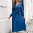 thumbnail image 1 of Vestido de mujer con manga farol y cintura alta, plisado, con cuello en V, para invierno y otoño, 1 of 6