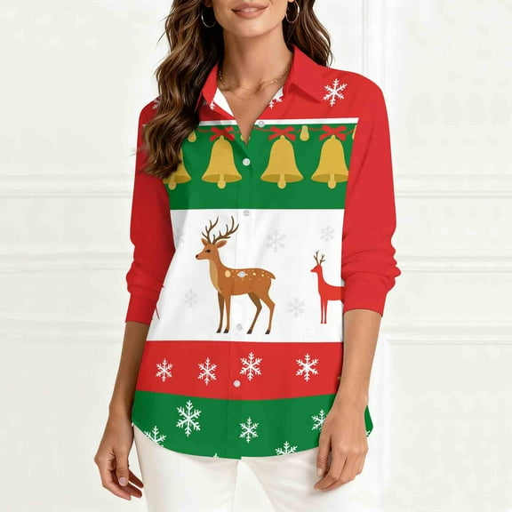 Tops for Women Long Sleeve Christmas Shirt Button Down Shirt Casual Beach Shirts Womens Blouse Plus Size Multicolor XXL