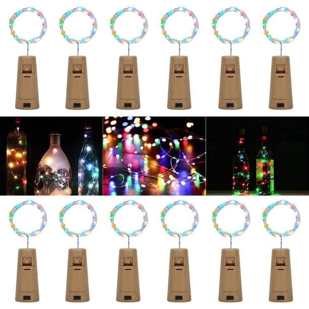 12 Piezas Cadena de Luces LED para Botellas 2 m 20 LED Luz para Botellas, Luz de Tapa LED Decoración de Alambre Plateado Flexible Impermeable para Fiestas, Bodas (Colorido, Botella no incluida)