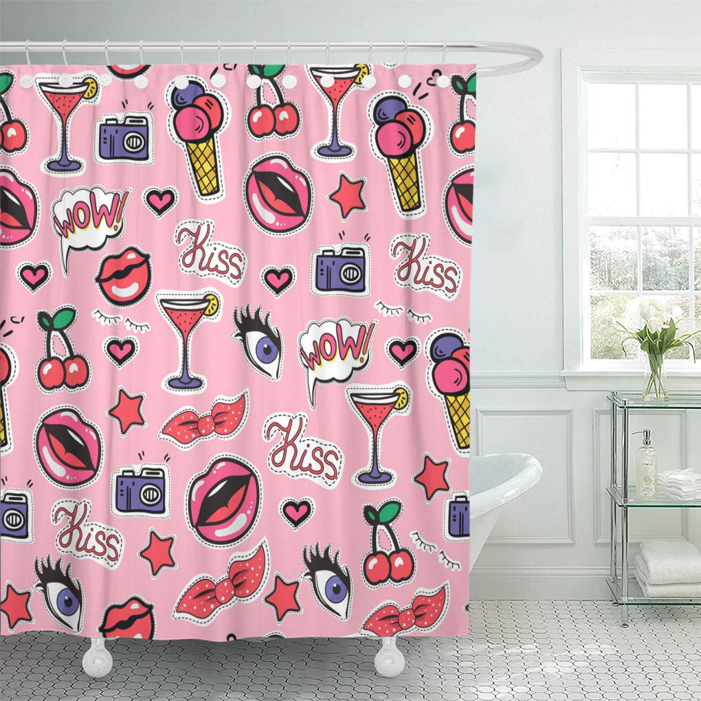 Patch Badges With Lips Tail Eyes, 90s Cartoon Shower Curtain
