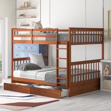Full Over Full Bunk Bed with Ladder and Two Storage Drawers  Solid Wood Bunk Bed Frame with Full-Length Guardrail and Handrail Convertible Bunk Bed for Kids Girls Boys  No Box Spring Needed  Walnut