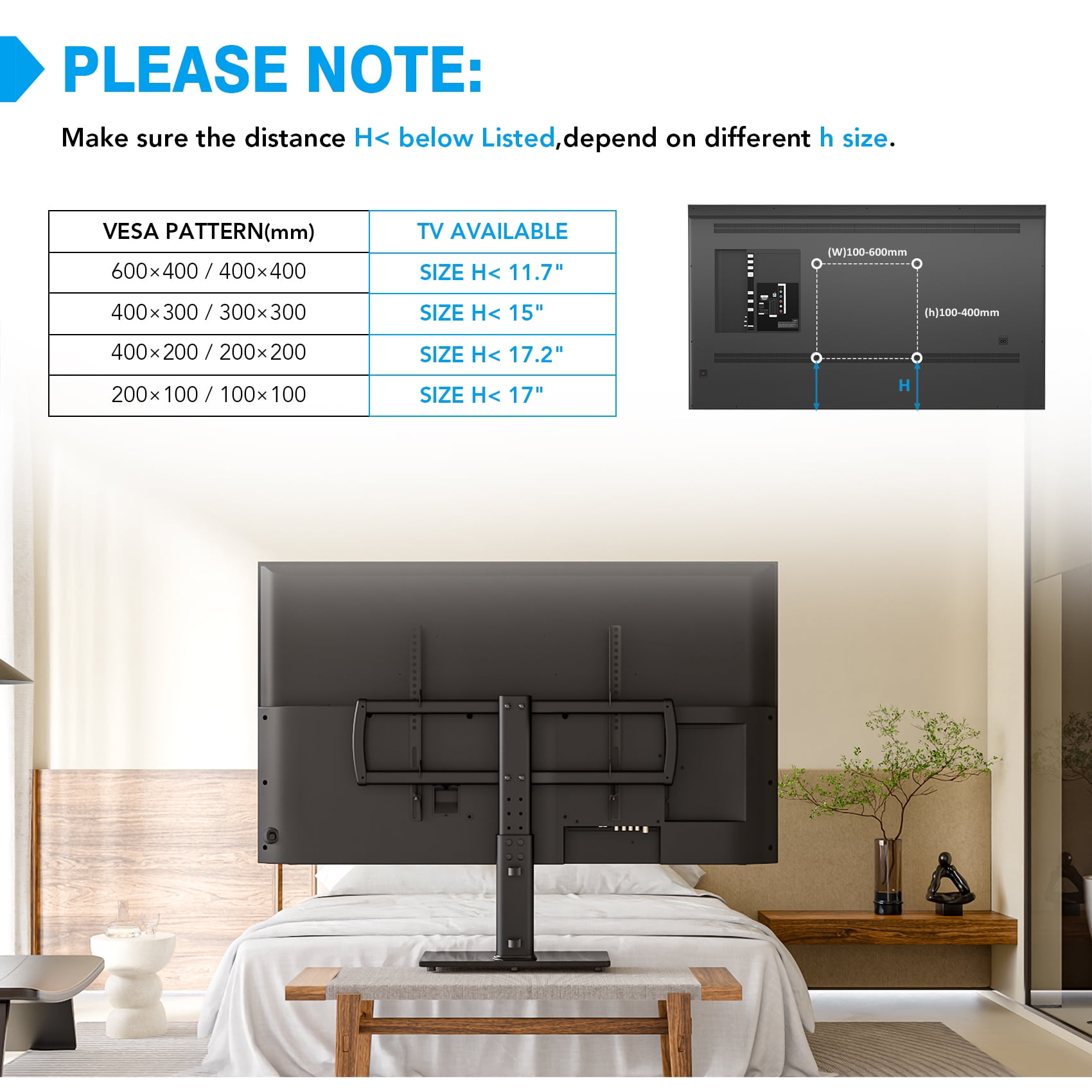 Universal TV Stand/ Base Tabletop TV Stand with Wall Mount for 32 to 65 inch 4 Level Height Adjustable, Heavy Duty Tempered Glass Base, Holds up to 99lbs Screens, HT03B-002