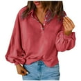 thumbnail image 2 of Womens Loose Button Down Blouse Solid Casual Trendy Cropped Pullover Tops Lapel Going Out Lightweight Sweatshirts Red S, 2 of 8