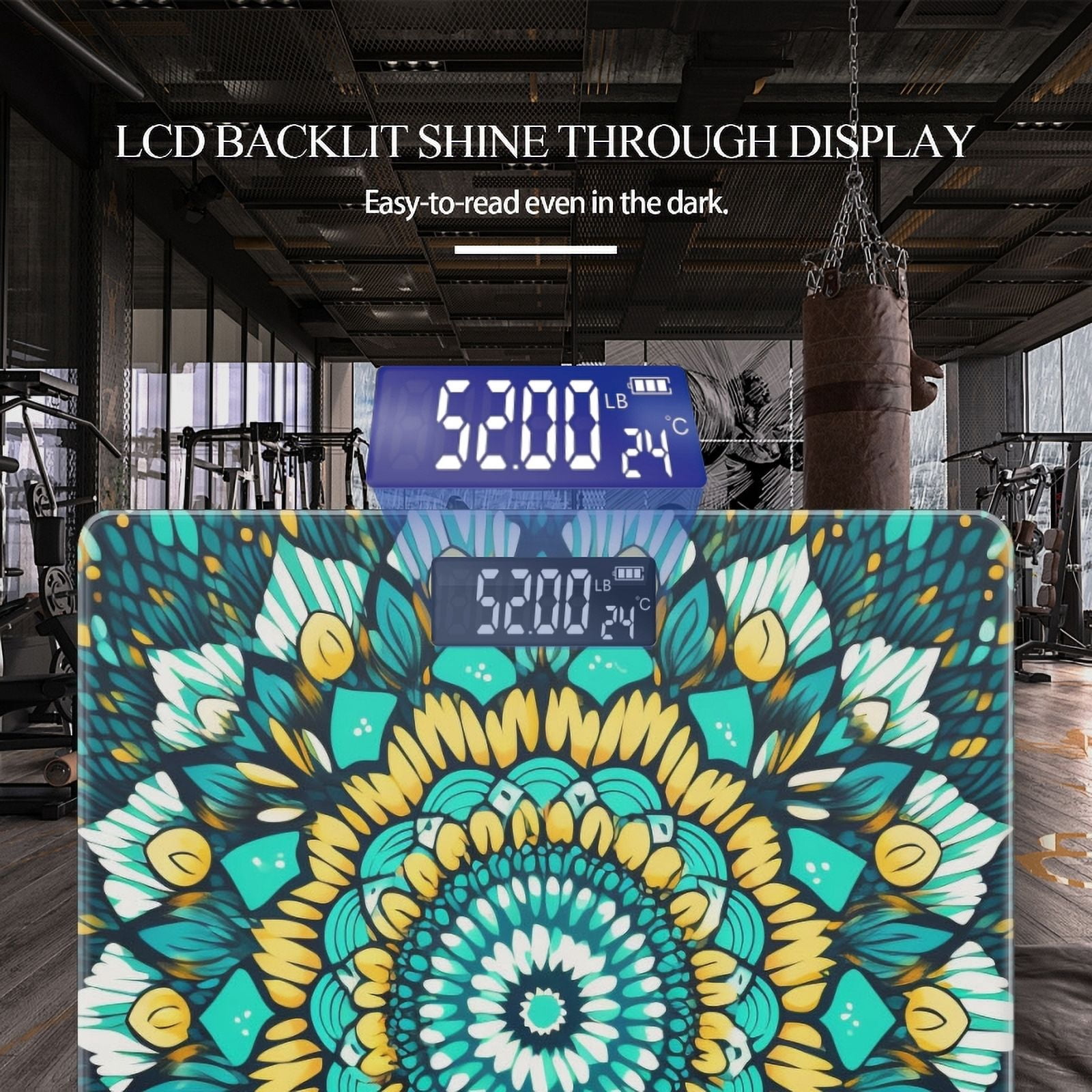 Bathroom Scale, Highly Accurate Digital Body Scale,Precisely Measures Weight up to 400 lbs-Intricate Mandala Designs In Turquoise With Yellow And Black Colors
