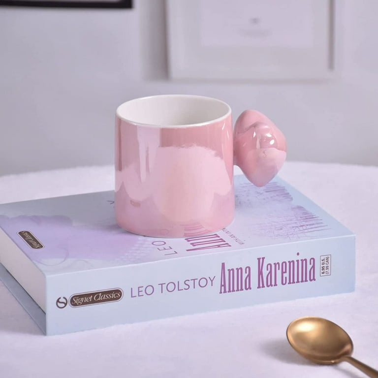 DanceeMangoos Ceramic Coffee Mug, Cute Creative Heart Shape Handle Mug  Design for Office and Home, 8.5 oz/250 ml for Latte Tea Milk (Pearl Pink)