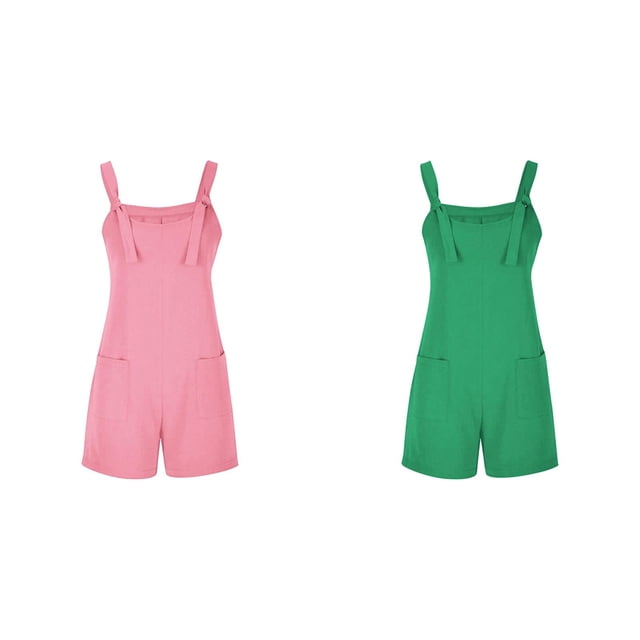 (2-Pack) Rinsvye Women's Tie Shoulder Overall Linen Romper Shorts Neck Romper Jumpsuit Loose Jumpsuit with Pocket Strapless Jumpsuits for Women Lace Ripple Romper Junior Jumpsuits and Rompers