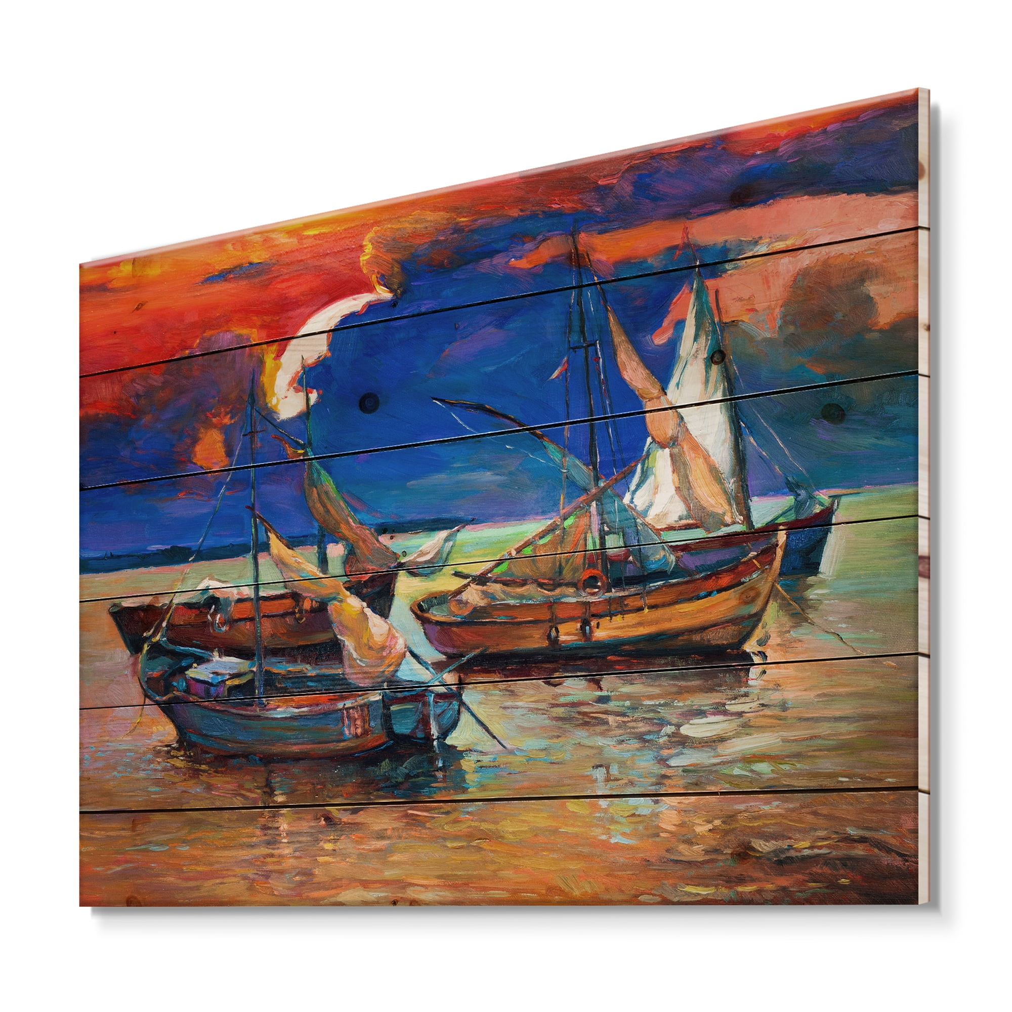 Designart 'Boats On The Water With Dark Blue Sky I' Lake House Print on Natural Pine Wood