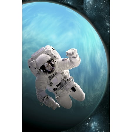 - Artists concept of an astronaut floating in outer space A water covered planet is illuminated by a nearby star Poster Print
