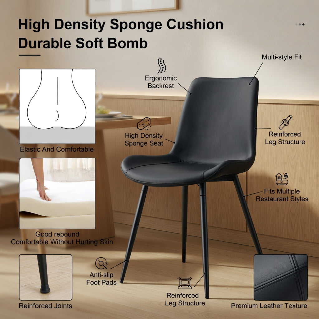 Hommoo 6-Pack Modern Black Faux Leather Dining Chairs with Curved Wide Seat Cushion & Metal Legs, Restaurant, Kitchen, Office & Bedroom Use, Black