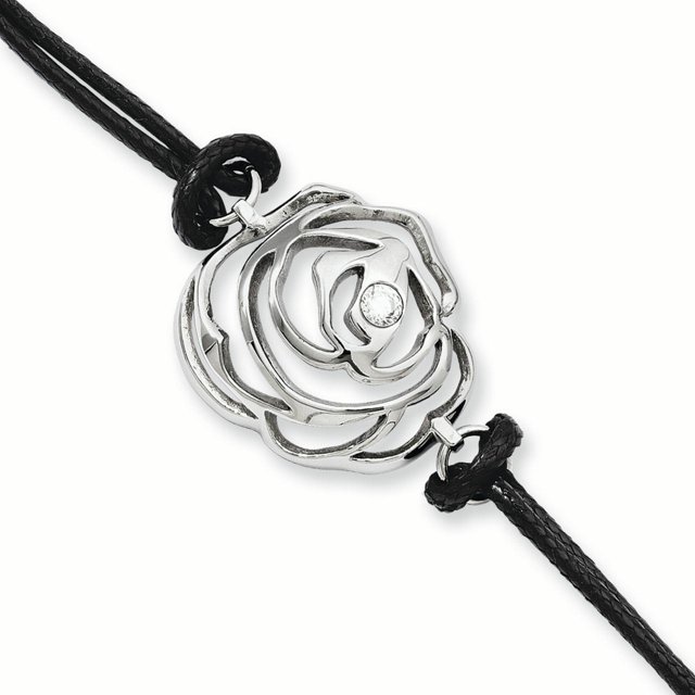Stainless Steel Cubic Zirconia Cz Flower Cord 1.5 Inch Bracelet Leatrubber