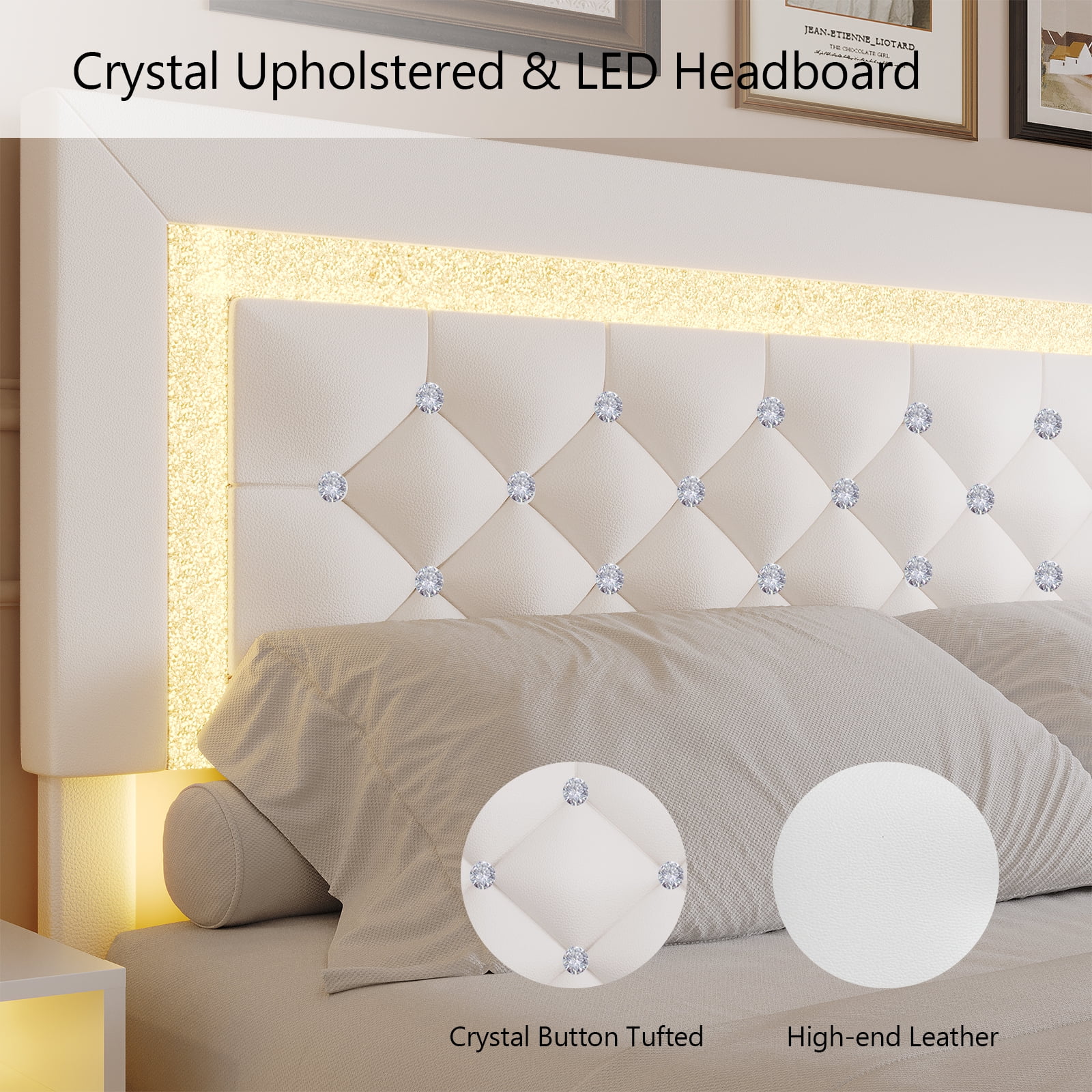 4 EVER WINNER Queen Size Floating Bed Frame with LED Lights, Upholstered Platform Bed Frame with Diamond Tufted Headboard, White Queen Size Bed Frame, White