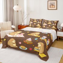 Homewish Cartoon Brown Capibara Bed Sheets, Yummy Hamburger Cake King Sheets, Teens Kids Boys Girls Sheet Set, Ultra Soft Bedroom Decor, 4-Piece
