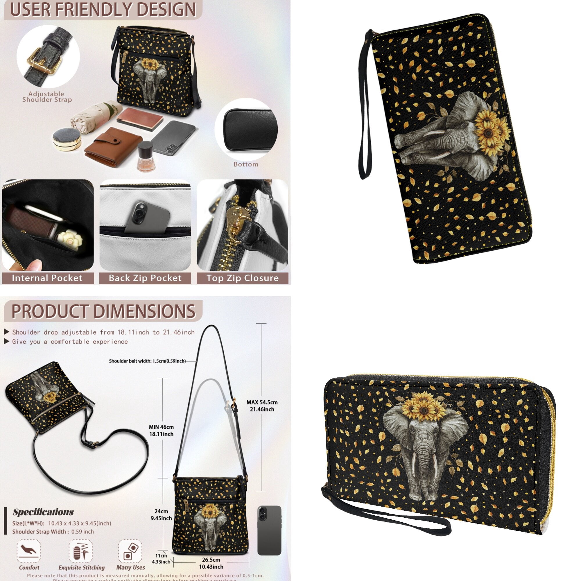 LedBack Elephant Sunflower Leather Shoulder Purse with Wallet Set Multi Pocket Crossbody Purse Hobo Bag Satchel Handbag Leather Wallet with Wrist Strap, Black