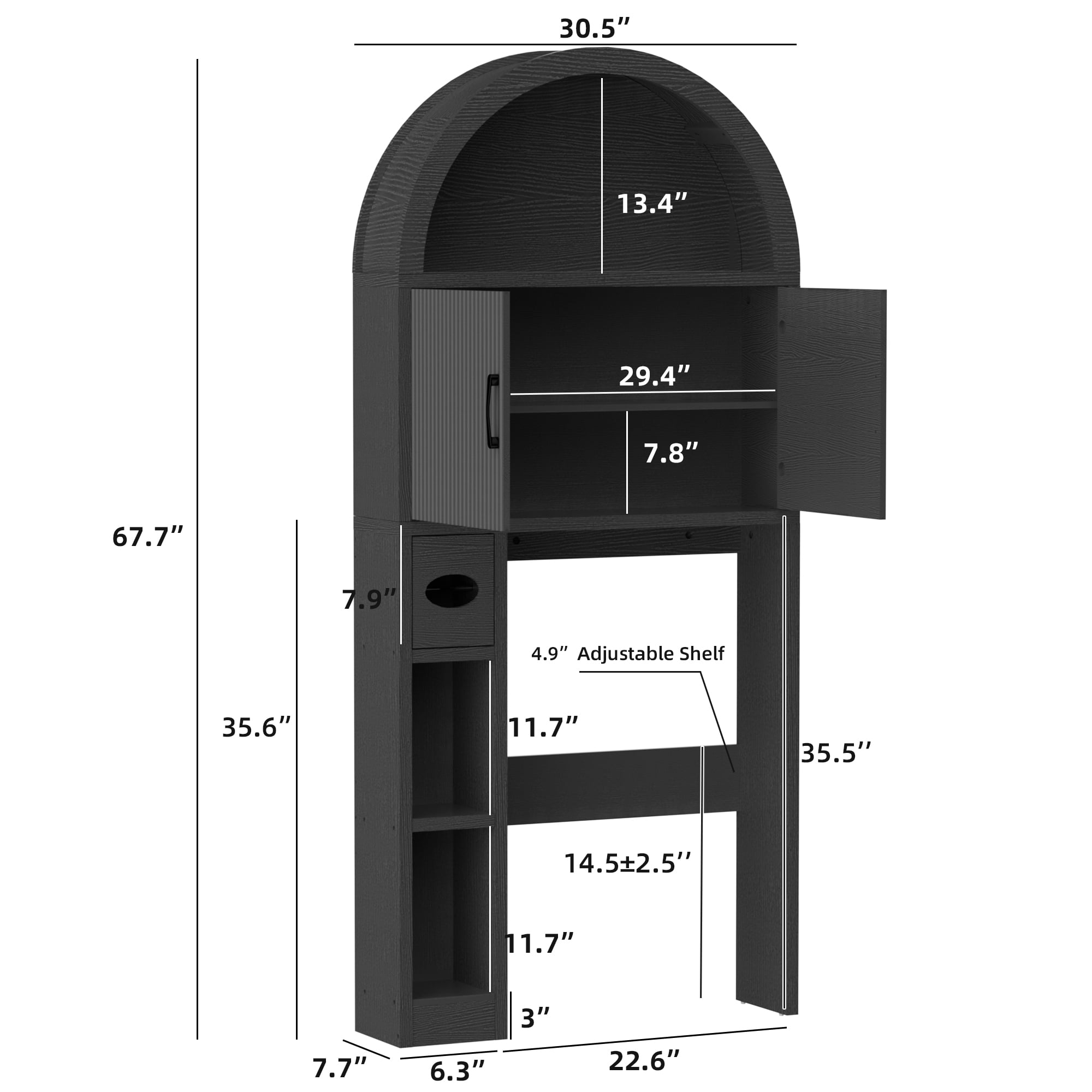 AHB Over Toilet Storage Cabinet with Arc Design, Freestanding Bathroom Organizer with Doors, 7.7"D x 30.5"W x 67.7"H, Black
