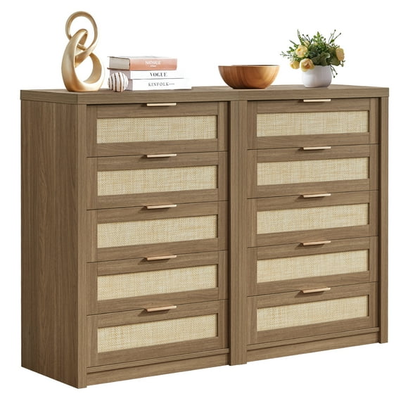 OAKHAM 5 Drawer Dresser, Rattan Wide Chest of Drawers for Bedroom Living Room, Set of 2, Special Walnut